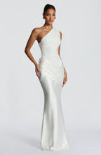 One Shoulder Ruched Draped Satin-Finish Graduation Dress