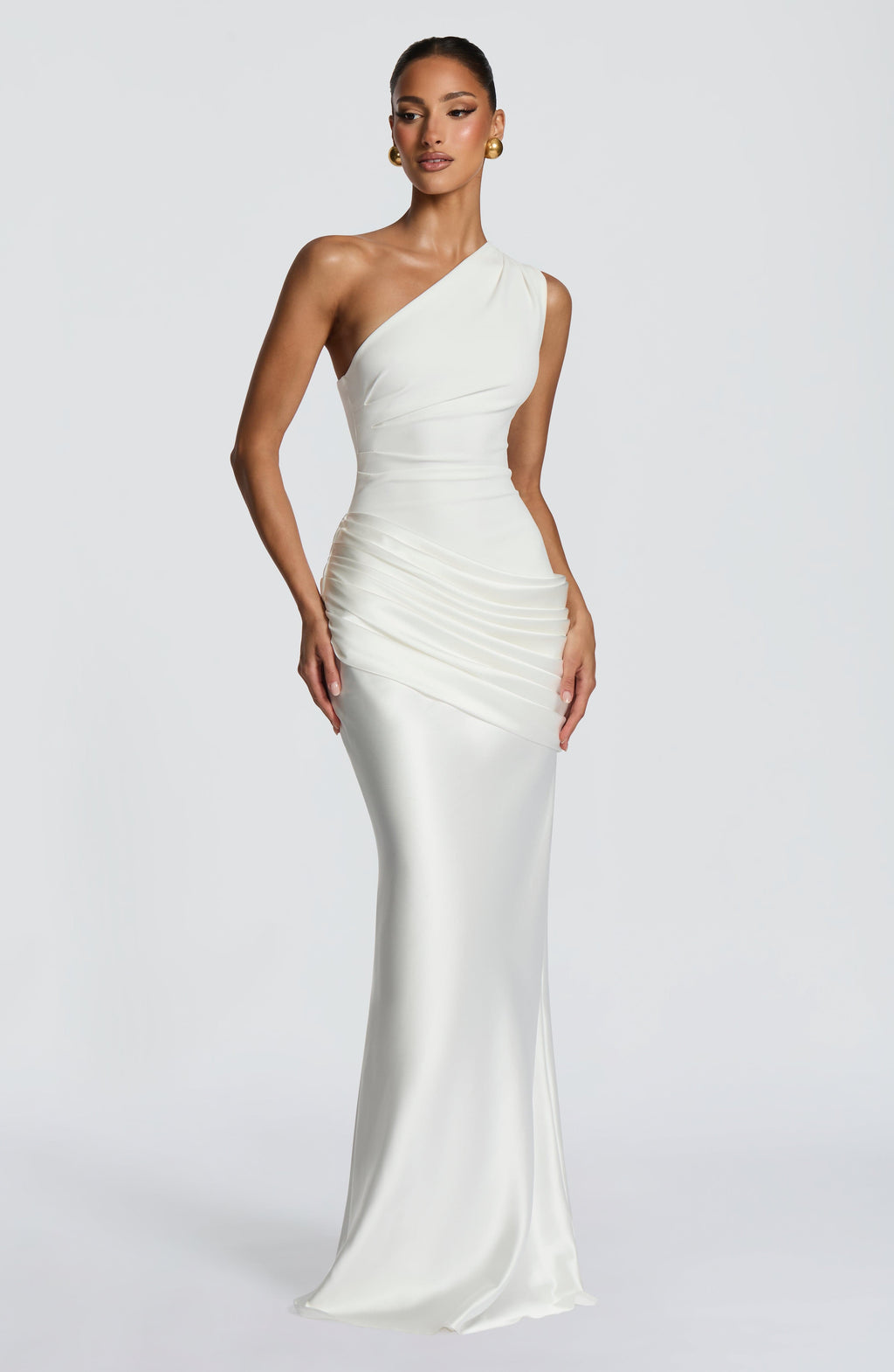 One Shoulder Ruched Draped Satin-Finish Graduation Dress