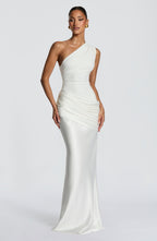 One Shoulder Ruched Draped Satin-Finish Graduation Dress