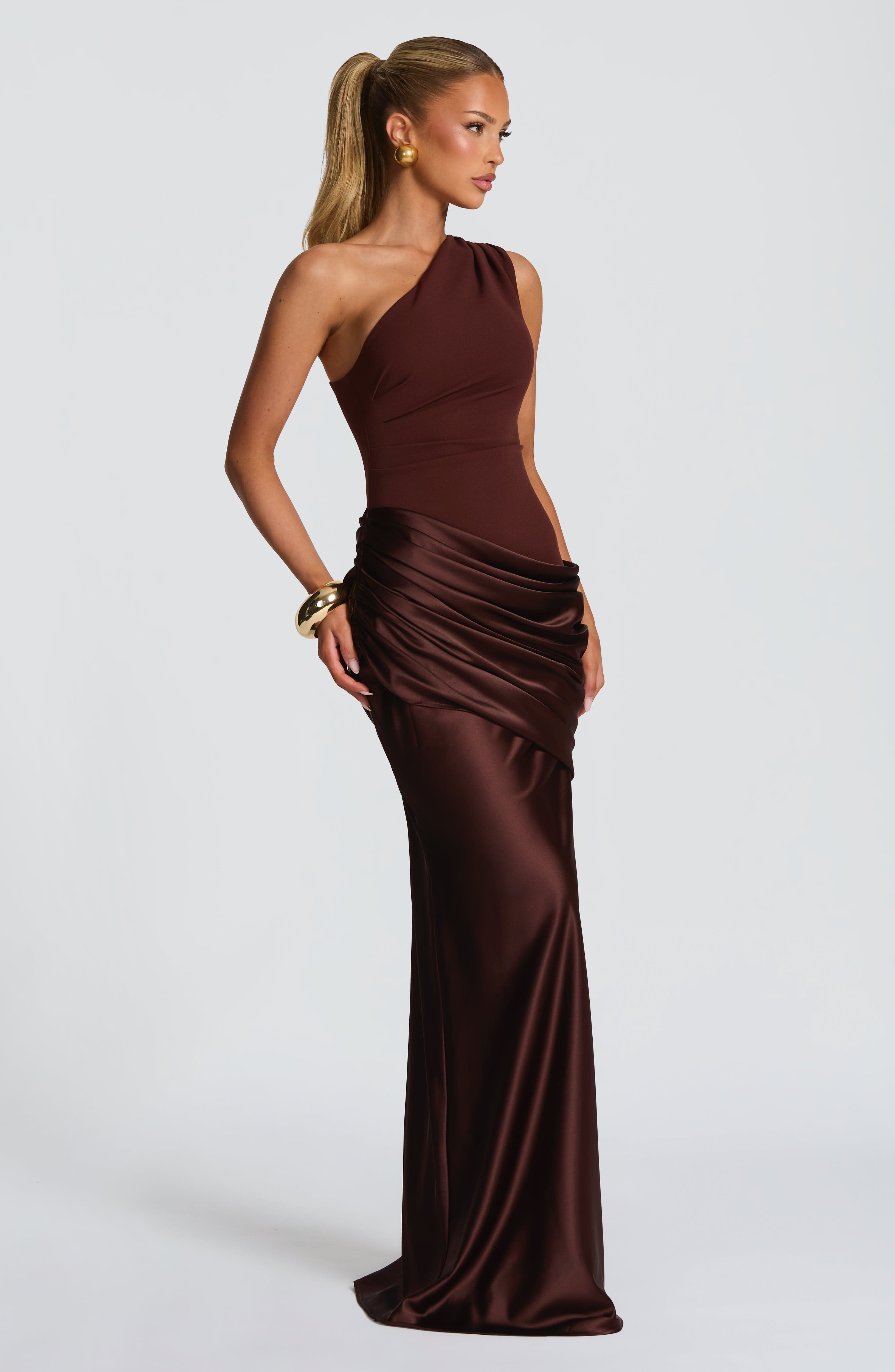 One Shoulder Ruched Draped Satin-Finish Graduation Dress