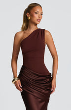 One Shoulder Ruched Draped Satin-Finish Graduation Dress