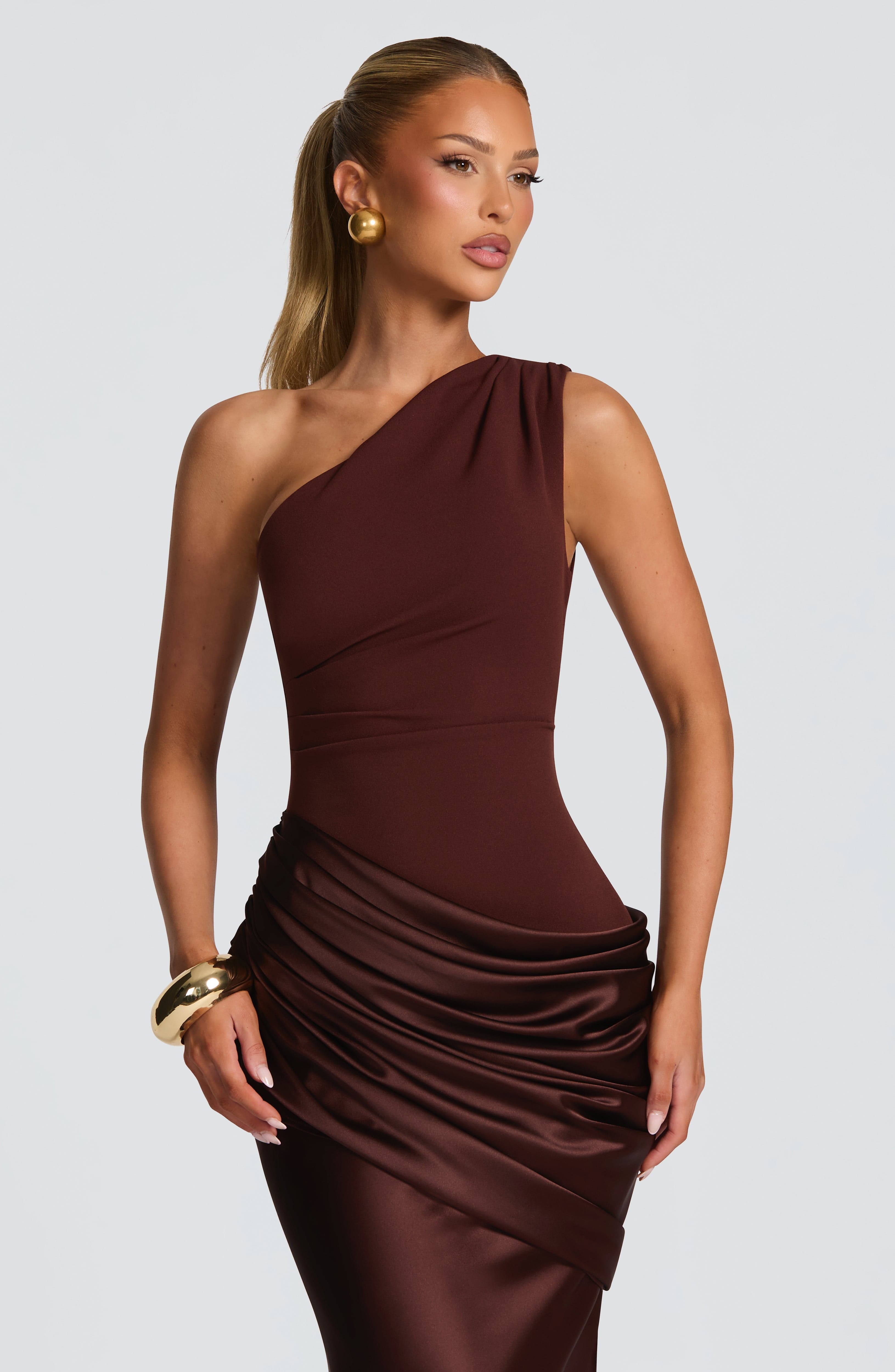 One Shoulder Ruched Draped Satin-Finish Graduation Dress