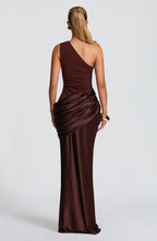 One Shoulder Ruched Draped Satin-Finish Graduation Dress