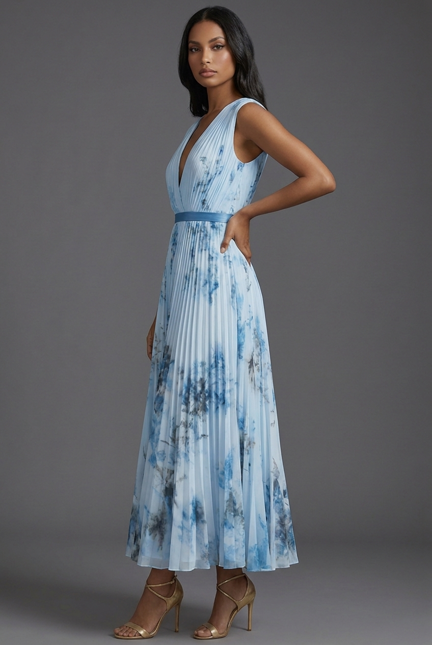 V-Neck Pleated Floral Midi Wedding Guest Dress
