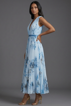 V-Neck Pleated Floral Midi Wedding Guest Dress