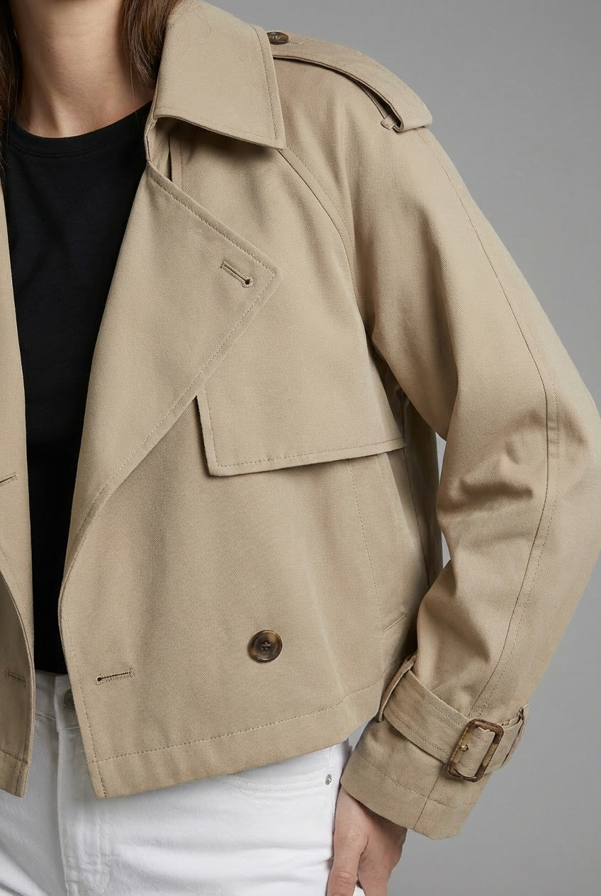 Women’s Khaki Cropped Trench Coat Lightweight Casual Outerwear