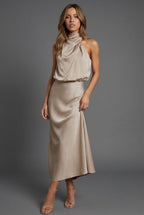 Halterneck Satin Style Wedding Guest Midi Dress